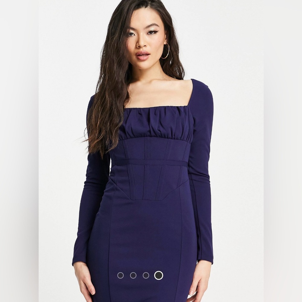 NWT ASOS Design sz14 sleeved ruched bust corset detail midi dress in dark blue